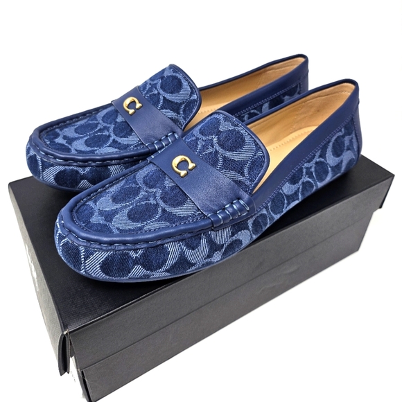 Coach US 10 40.5 Blue Denim Sculpted C Driving Loafer Driver Car Shoes Slipons - Picture 1 of 11